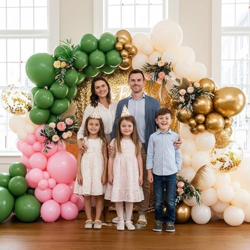 Pink and Green Balloon Arch Kit with Gold Butterflies – Double Stuffed Sage Green Pink Balloon Garland Kit for Girls Baby in Bloom Baby Shower, Birthday, Bridal Shower & Wedding Decorations