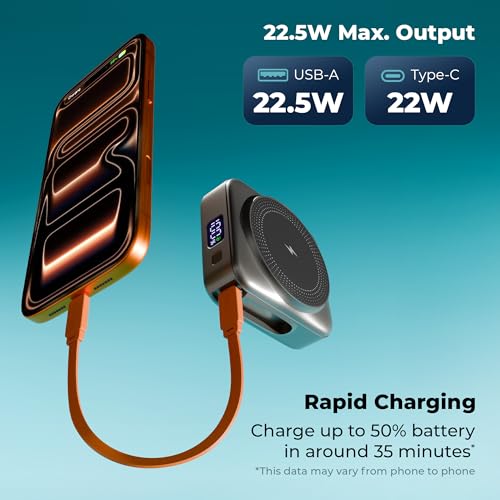 Image of Zebronics 10000Mah MagSafe Compatible Powerbank, 15W Wireless Charge, 22.5W Rapid Charging, Dual Output (Type-C PD & USB), Built-in Protection, Carry Loop, for iPhone & Android (EnergiSafe 10R3)