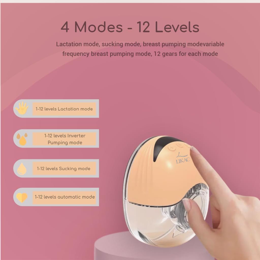Likac Double Wearable Electric Breast Pump – Hands Free Breast Pump, Portable & Rechargeable – 4 Modes, 12 Intensity Levels – Ideal for Breastfeeding/Pump, Pumping Bra & Postpartum Moms.