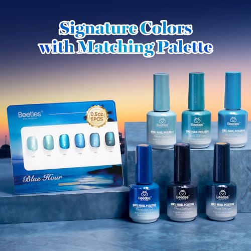 Image of Beetles Blue Cat Eye Gel Nail Polish Set - Blue Hour 6 Colors 15ML Full Size Glitter Gel Polish Kit Glass Cat Eye Magnetic Effect Soak Off UV Nail Art DIY Salon at Home Gift for Women