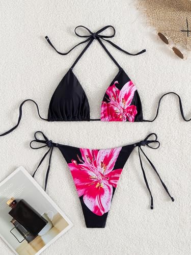 Image of Tainehs Women's Sexy Halter Thong Bikini Tie Two Sides Bottom Triangle Bikini Swimsuits