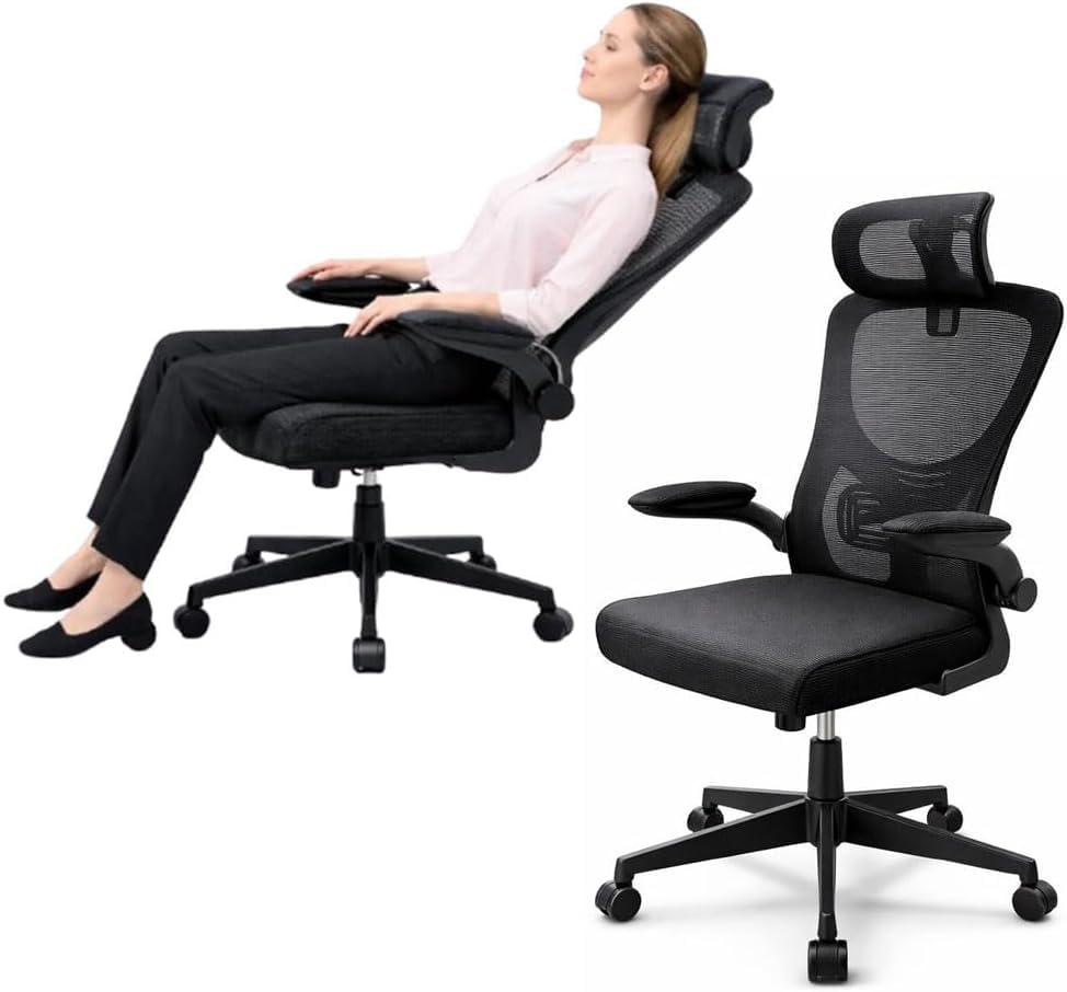 TREATY Ergonomic Office Chair with Adjustable Headrest – Mesh Back Computer Desk Chair with Fixed Lumbar Support, Flip-Up Armrests, Reclining Tilt Lock & 360° Swivel Base