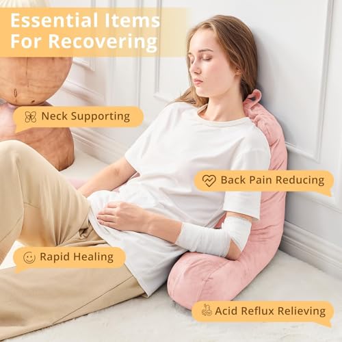 Image of Sasttie Reading Pillow for Bed, Back Pillow for Sitting Up, Peach Pink | 18 inch Backrest Support Cushion for Couch, Sofa, and Floor, Dorm Essentials, OEKO-TEX, Adjustable Down Alternative Fill