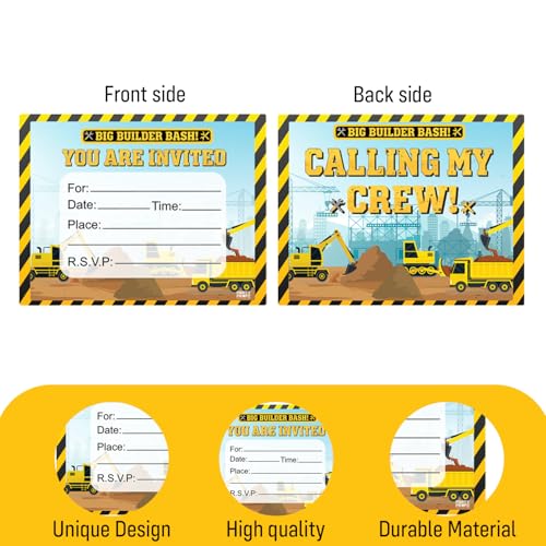 Image of Party Propz Construction Theme Birthday Invitation Cards - 20 Pcs, Big Builder Bash Kids Invitation Card For Birthday, Double-Sided Construction Theme Cards for Boys (Cardstock)
