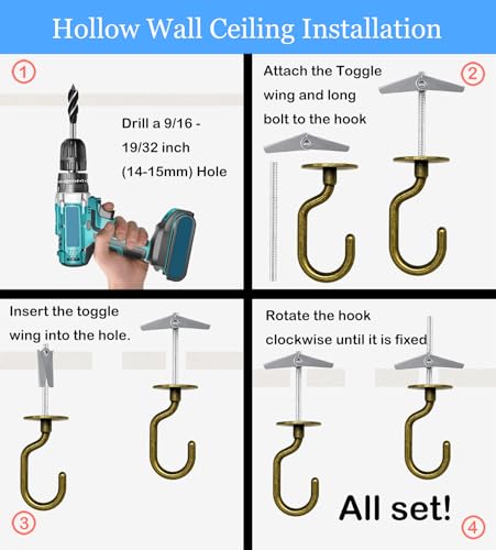 Image of 2 Sets Antique Brass Swag Ceiling Hooks - with Hardware for Hanging Plants, Drywall and Ceiling Installation, Heavy Duty Design