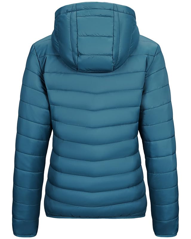 Outdoor Ventures Damen Steppjacke Leichte Packbare Übergangsjacke Warme Winterjacke mit Kapuze für Frauen Gefüttert Pufferjacke mit Taschen für Freizeit Wandern Reisen Keramik Blau 3XL