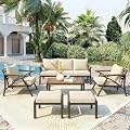 SONDERVIBE Beige 6-Piece 7-Seat Patio Conversation Set, Steel Frame Outdoor Sofa with Acacia Wood Coffee Table & Ottomans