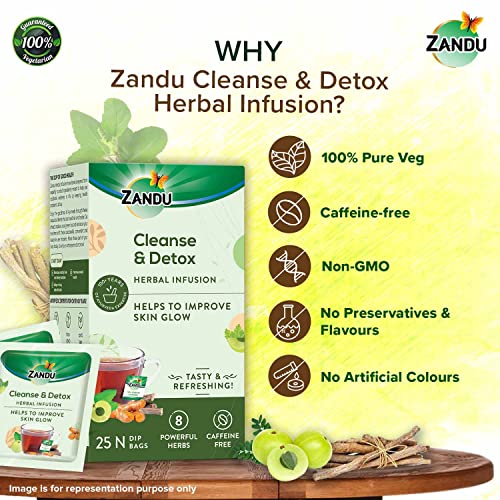 Image of Zandu Cleanse & Detox Herbal Infusion: Use This Tea Bag To Give Your Body The Gift Of Good Health |Helps Improve Skin Glow & Detoxifies The Body (25 Tea Bags), Green Tea, 90 Gram