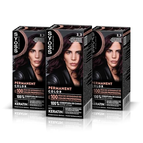 SYOSS Permanent Color 3-3 Violín Intenso, tinte de pelo y mascarilla intensiva con keratina, para una cobertura profesional de canas, color duradero y cuidado intensivo, Pack 3