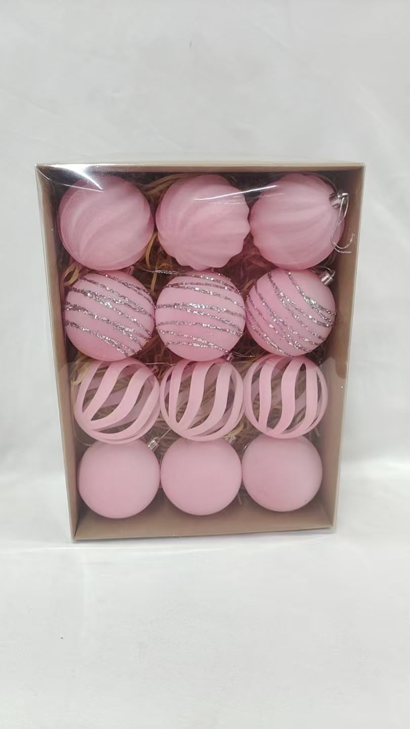 Set di 12 decorazioni natalizie in velluto floccato da 8 cm, con disegni dipinti a mano, eleganti decorazioni per albero di Natale in confezione regalo (rosa)