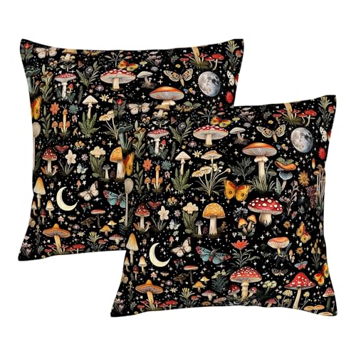2 Pack Boho Mushroom Throw Pillows Covers 18x18 Inch Black Witchy Pillow Cases for Couch Living Room Sofa Bedroom Cute Mushroom Gifts for Witchy Lovers Rustic Pillowcase Cushion Covers Home Decor