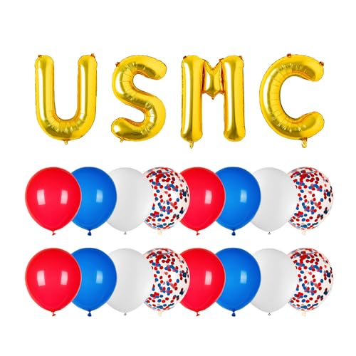 Patriotic Military Balloons Marine Corps Theme Party Decoration Balloons 4 Mylar Balloons&16 Patriotic Red White Blue Latex Balloons