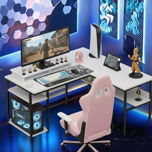 Image of TEKAVO Daino Computer Table for Home pc with CPU Storage | L Shape Office Table for Work | Corner Table with bottm Shelf | Workstation Table for Home | White Color