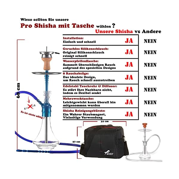 SHIBY® Shisha Set mit Tasche, Premium Hookah 68 cm x2 Shisha Kopf, Edelstahl Tauchrohr & Diffusor Aufsatz, Kaminkopf… – Bild 6