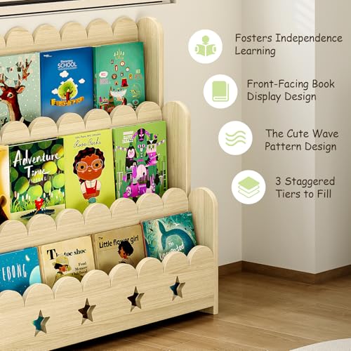 Image of EXPERLAM Scalloped Bookshelf for Kids, 3-Tier Front Facing Book Display Shelf, Solid Wood Montessori Bookcase Organizer for Bedroom, Nursery, Playroom & Classroom
