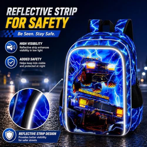 Image of 17 inch Truck Backpack, Boys Lightning Kids Bookbag with Lunch Box, 3Pcs School Backpacks for Elementary Preschool Kindergarten (Blue)