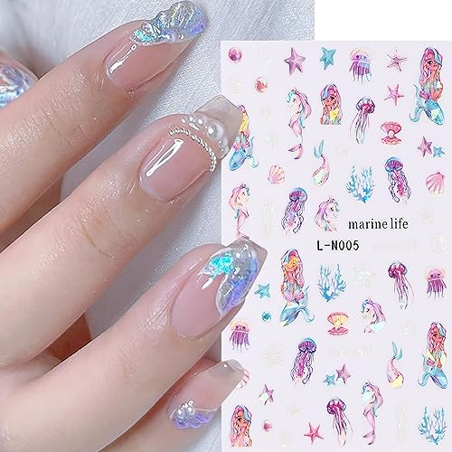 Lopmnght LOPMNGHT-173 8 Sheets Ocean Animals Nail Art Sticker 3D Self-Adhesive Laser Mermaid Jellyfish Design Nail Decals Starfish Dolphin Colorful Shell Nail Art Sticker Decoration thumb #3