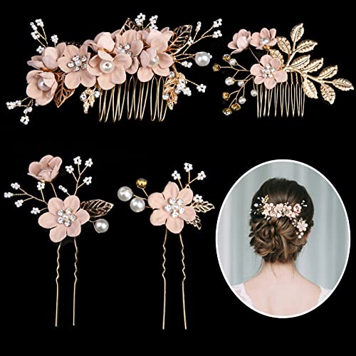 YOOBNG Mariée Mariage Peigne à Cheveux, 4 Pièces Accessoires de Pince de Cheveux Mariage avec Perle et Fleurs, Bijoux Cheveux Mariée Femme Épingle à Cheveux Mariage Élégant Bijoux de Pince (Rose) Cover