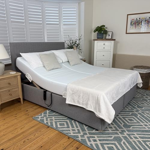 Backcarebeds Majestic Twin Adjustable Electric Bed with Memory Foam Mattress (5ft King - Woven Ash). King-Size Double Bed Base with Headboard, Mattress & Independent Dual Hand Controls.