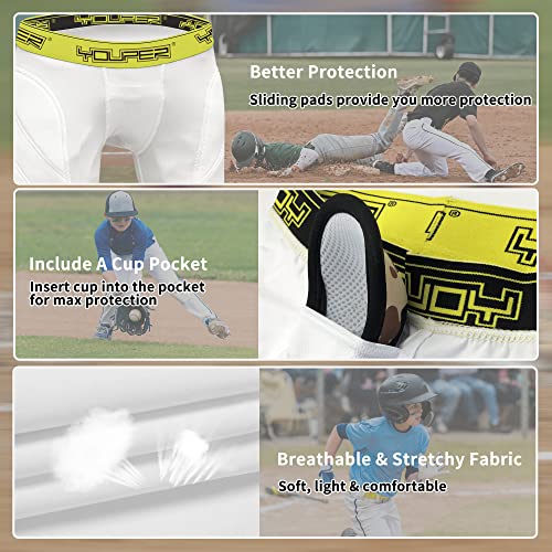 Youper Boys Youth Padded Sliding Shorts With Cup Pocket For Baseball, Football, Lacrosse (White Yellow (No Cup), Medium) #TOP2