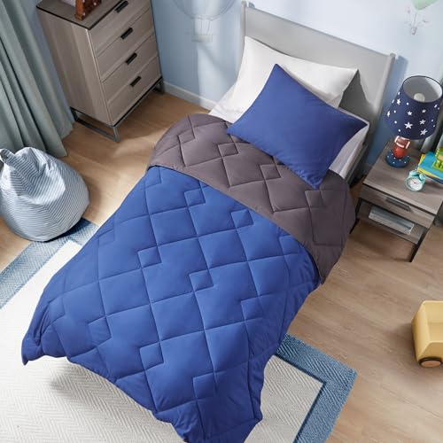 Image of Comfort Spaces a‚¬a€oe Vixie Reversible Goose Down Alternative Comforter Mini Set - 2 Piece a‚¬a€oe Navy and Charcoal a‚¬a€oe Stitched Geometrical Diamond Pattern a‚¬a€oe Twin /Twin XL Size, Includ