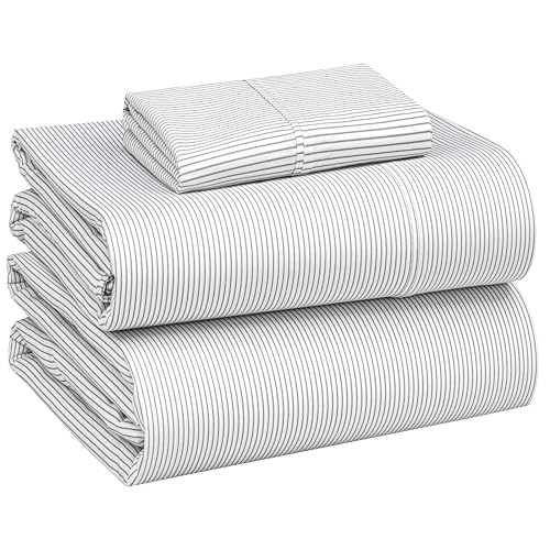 Image of RUVANTI 100% Cotton Percale Sheets Twin Size, Grey Pinn Stripe | Crisp Cooling, Deep Pocket 16 inch, Soft Breathable & Durable, Hotel-Style, 3 Piece Set