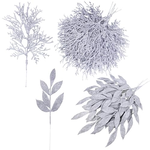 Winlyn 30 Pcs Christmas Artificial Leaf Sprays Cedar Picks Silver Glittered Christmas Tree Ornaments Winter Floral Stems for Sliver Christmas Tree Wreaths Centerpieces Holiday Wedding Decoration