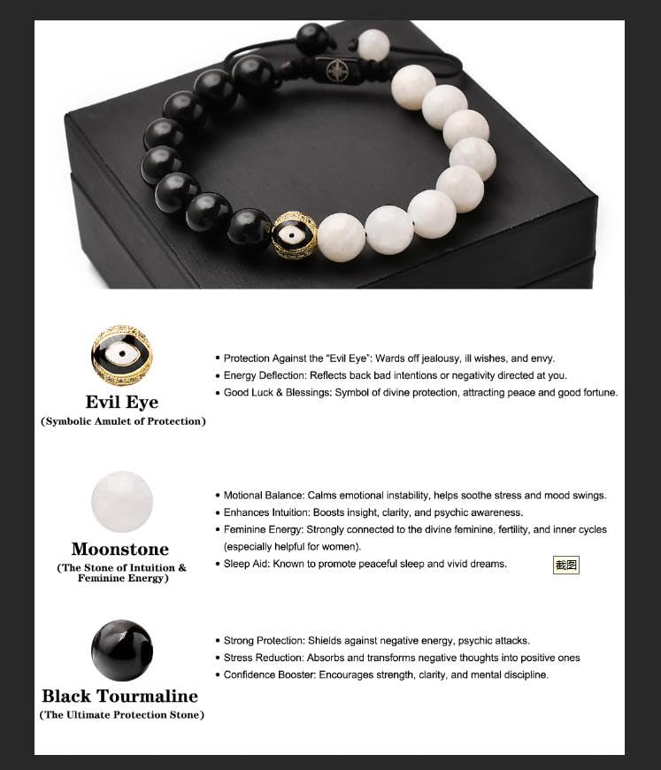 Premium Black Tourmaline, Moonstone Bracelet - Evil Eye Beaded Bracelets For Women And Men - (3x Protection - 10 mm Stone)- Triple protection Narural Stone Bracelet - Turmalina Negra Oiginal.4