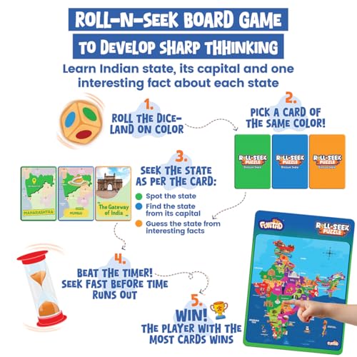 Image of Roll N Seek India Map - Educational Board Game & Puzzle | Learn Indian Sate, Capital and Interesting Facts| State Shaped Puzzle (72 pcs)| Return & Birthday Gift for Boys & Girls Age 6-12 yrs