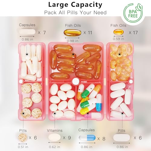 Image of FYY Travel Pill Organizer, 7 Compartments Pill Box Medicine Case-Clear Red