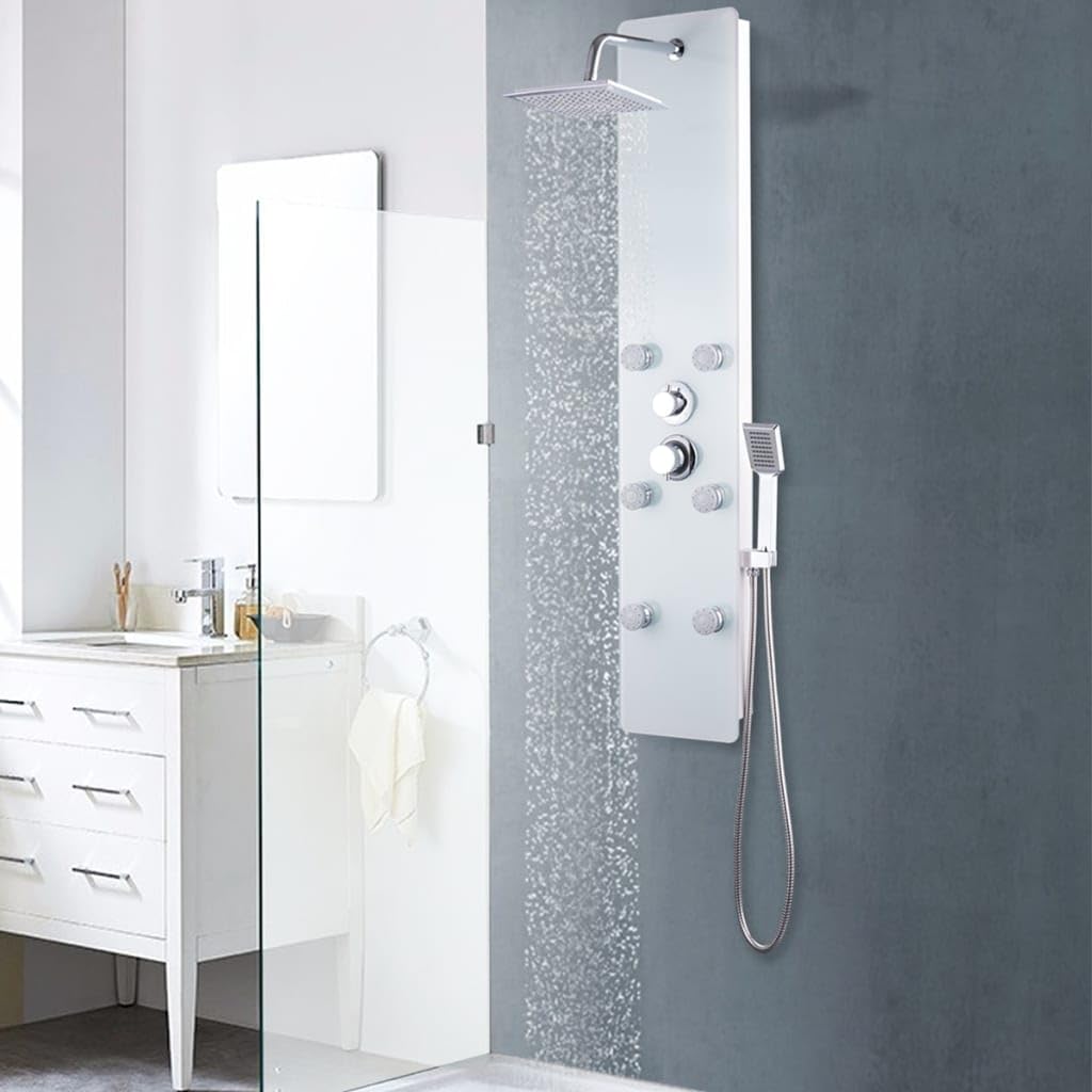 Pannello doccia in vetro bianco, 25 x 44,6 x 130 cm, con doccia a pioggia, doccetta e 6 getti massaggianti, sistema doccia con dettagli cromati