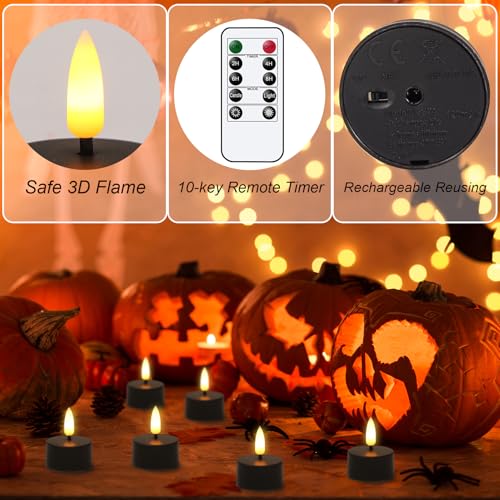Image of GenSwin 12 Rechargeable Tea Lights Candles with Charging Base and Remote Timer, Flameless LED Tealight Candles Battery Operated Halloween Fall Wedding Table Centerpieces (Black, 1.57 inch x 1.85 inch)