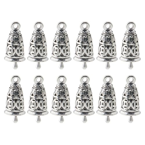 Hobbspring 12pcs Tibetan Style Alloy Pendants Wind Chime Bells Mini Bell Charms Tibetan Silver Bell Charms Pendants for DIY Craft Jewelry Making Xmas Tree Door Hanging Decoration