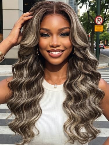 Image of KLAIYI Bye Bye Slip Pre Everything 13x4 Loose Wave Lace Front Ash Brown Platinum Blonde Human Hair Wig with Face Framing Bang Drawstring Glueless Pre Plucked Bleached Knots 30S Wear and Go Wig 22Inch