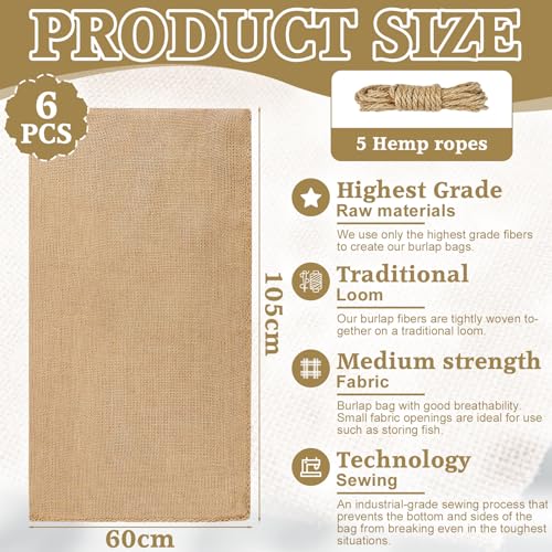 Vleuexe Jutesäcke Set 105 x 60 cm Jutesack Universal,50 kg Traglast jutesack pflanzen Kartoffelsäcke aus 100% Jute,jute sack,Strapazierfähig (6, Einheitsgröße)