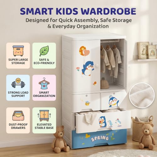 Image of StarAndDaisy Kids Wardrobe /Multifunctional Collapsible Plastic Wardrobe /Almirah for Kids- Storage Cabinet - Dustproof Baby /Wardrobe Organizer for Clothes, Toys -Little Penguin