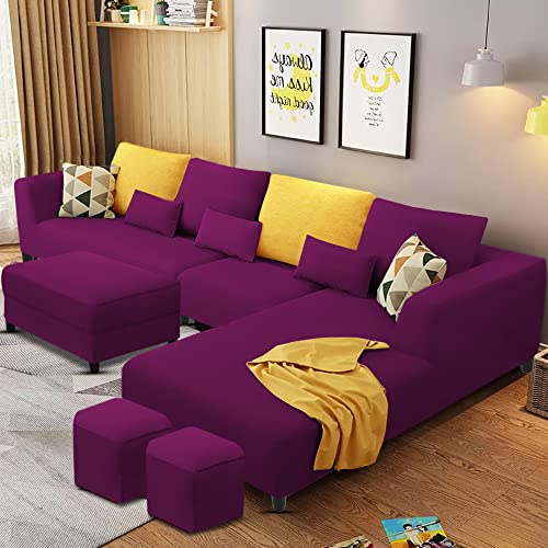 Image of Galib RHS 8 Seater L Shape Sofa Set with Ottoman & 2 Puffy for Living Room (Purple) Premium Fabric