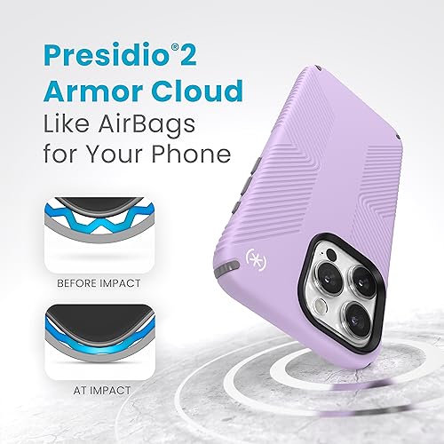 Image of Speck iPhone 15 Pro Max Case - Built for MagSafe, Drop Protection Grip - Scratch Resistant, Soft Touch, 6.7 Inch Phone Case - Presidio2 Grip Spring Purple /Cloudy Grey /White