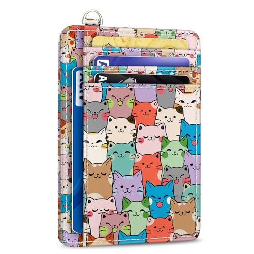 Image of Yonlevres Cat Credit Card Holder Slim RFID Wallet Women Small Travel Cute | Front Pocket, Handy, RFID Blocking, Woman Girls Ladies Gifts, D-ring for Keychain,Thin Mini Card Case, ID Window, PU Leather