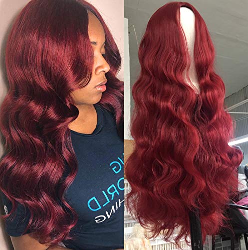 Wine Red Body Wave Wig for Black Women Long Wavy Big Curly Wig Heat Resist Synthetic Hair 28 inch #99j