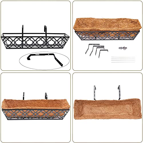 Lawyamai 2Pcs 24 Inch Window Deck With Coco Liner, 24" Window Boxes Horse Trough With Coconut Coir Liner,Metal Hanging Flower Planter Window Basket Deck Railing Planter Boxes For Outdoor Indoor Lawn #TOP3