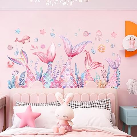 Mermaid Tail Wall Stickers, Self-Adhesive Pink Mermaid Foam Wall Decals for Girls Kids, Peel & Stick DIY Sea Marine Theme Mural Decor for Daycare Bedroom Bathroom Cover