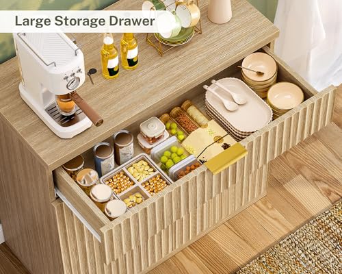 Image of TEENFON 31.5 inch W Fluted Buffet Cabinet with Storage, Sideboard Cabinet, Coffee Bar Cabinet with 2 Doors and Adjustable Shelf for Living Room, Kitchen, Entryway, Natural