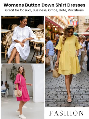 Image of Choichic Button Down Shirt Dresses for Women with Pockets Flare Bell Sleeve A-Line Midi Tunic Dress