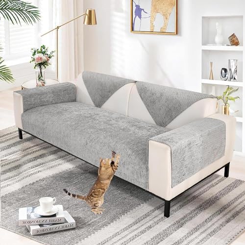 Topchances Chenille Sofa Cover 1 2 3 Seater,Washable Sofa Slipcovers Non-Slip Seat Cushions with Silicone Particles All-Seasons Apply to Dogs Cat Pet Living Room Cushions(Grey,70×210cm 1 Piece)