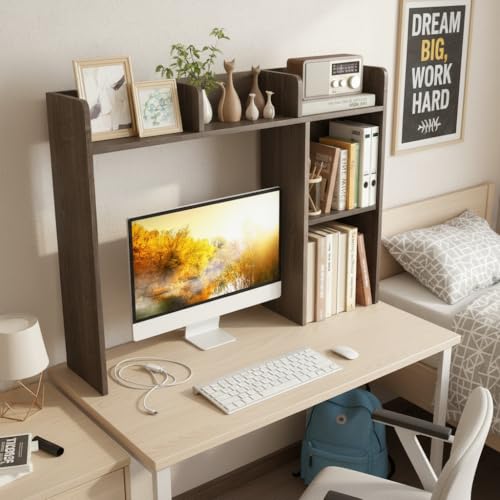 Image of Tangkula Desktop Bookshelf, Countertop Storage Hutch with Shelves for Computer Desk, Desk 3-Tier Display Rack, Multipurpose Wood Desktop Hutch Storage Organizer for Dorm Office