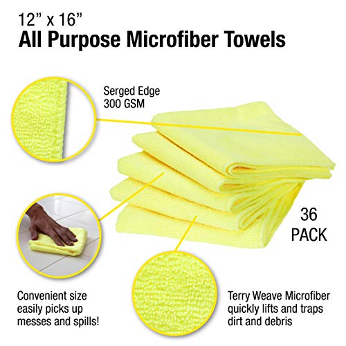 Image of Eurow 300 GSM Microfiber Cleaning Cloths, Soft, Streak-Free, Lint-Free, Ultra Absorbent, Reusable Towels for Auto Detailing, Home Cleaning, Kitchen, Glass, Electronics, 12x16in, 36-Pack, Yellow