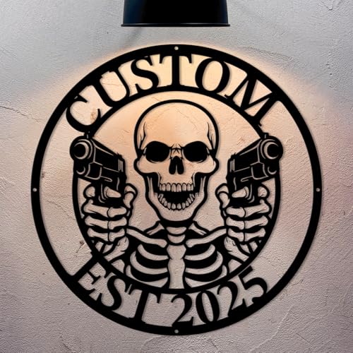 PeanutCase Custom Skull Metal Wall Decor - Personalized Name & Text Iron Art for Indoor Outdoor, Shed Cave, Studio,Bedroom, Cool Gothic Artistic Black Steel Gift Sign (Style J)