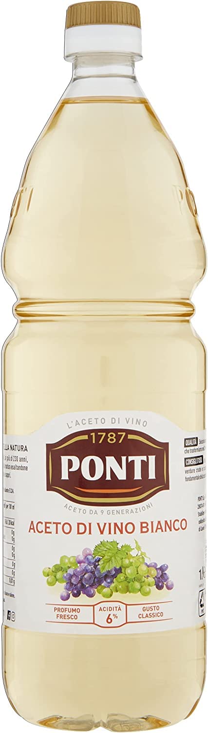 12 botellas de 1 l de vinagre de vino blanco, vinagre blanco de calidad delicada con 6% de ácido como condimento para ensalada, verduras, carne y pescado excelente + Polpa Gourmet italiano, 400 g