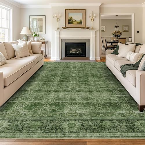 Image of 8x10 Washable Area Rug Vintage Green Rug for Living Room Bedroom Low Pile Soft Non-Slip Boho Rug for Under Table Boho Distressed Retro Carpet for Bedroom Kitchen Office Dining